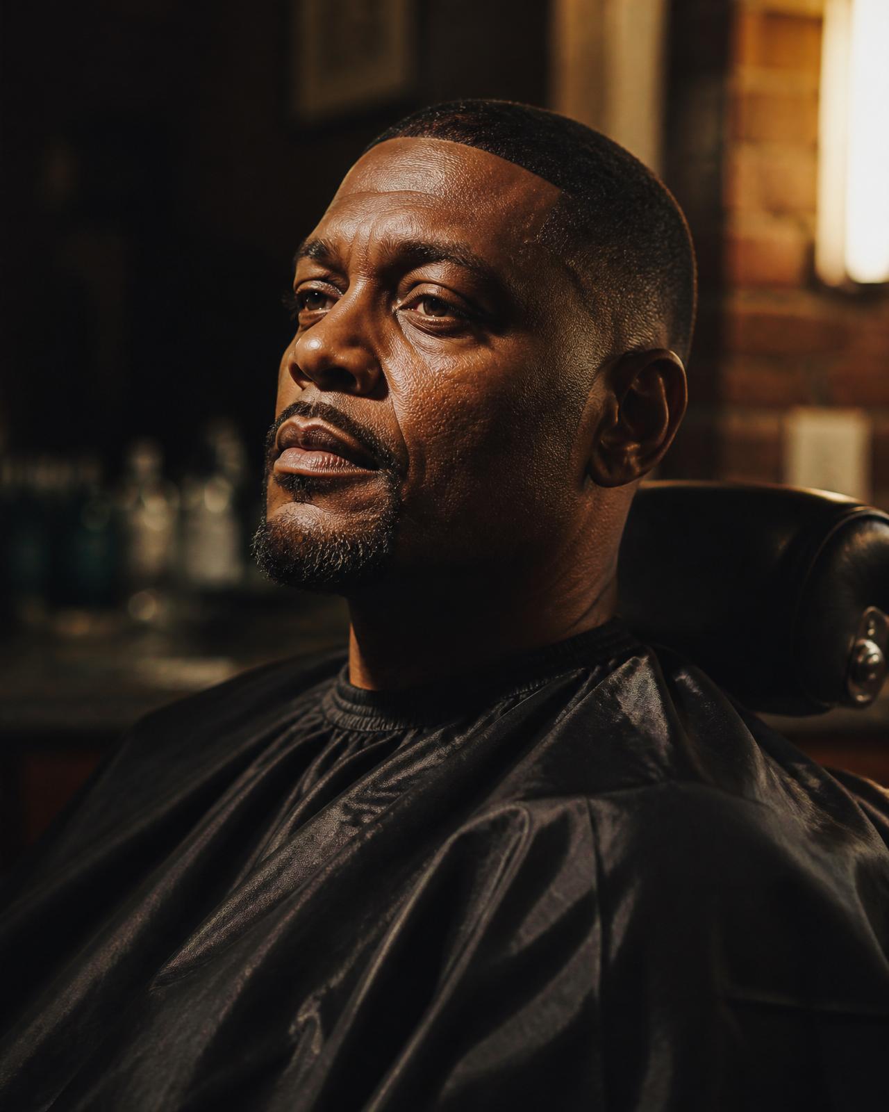Confident client seated in D Styles' barber chair after a hair system session